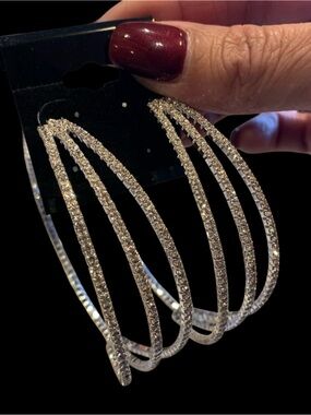 Silvertone Rhinestone Statement Special Occasion Hoops NWT